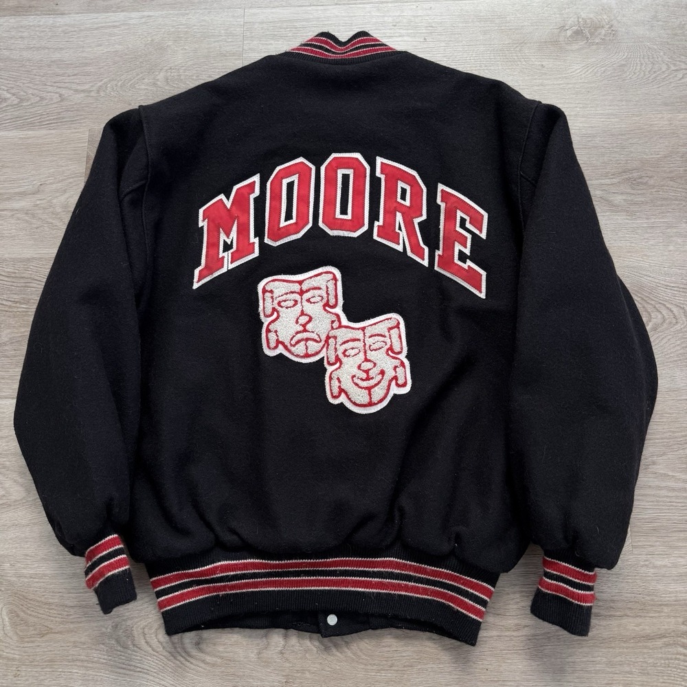 Vintage DeLong Wool Letterman Jacket Mens Large Black Red Theater Patch USA Made